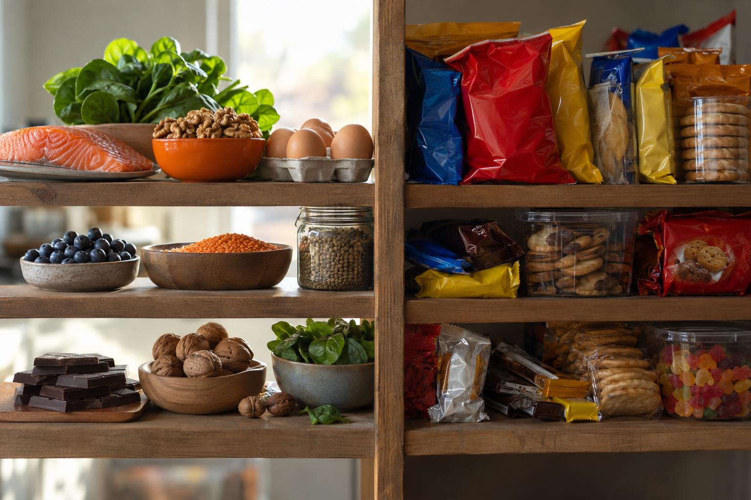 Étagères garnies de poissons, œufs, noix, fruits rouges et chocolat, des aliments bons pour le cerveau