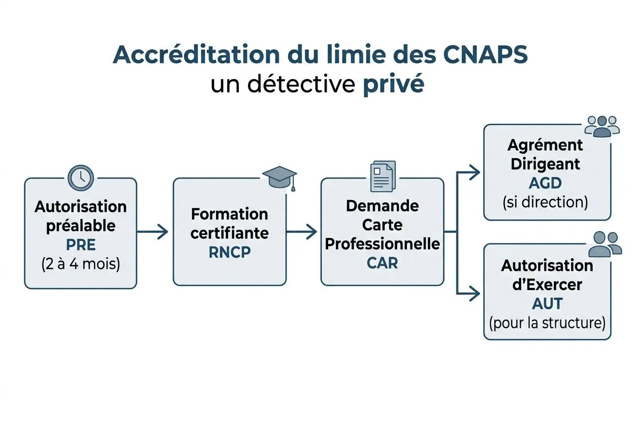 Processus d’agrément CNAPS pour devenir détective privé : formation RNCP, demande CAR et autorisations d’exercer (AGD/Aut pour la structure).