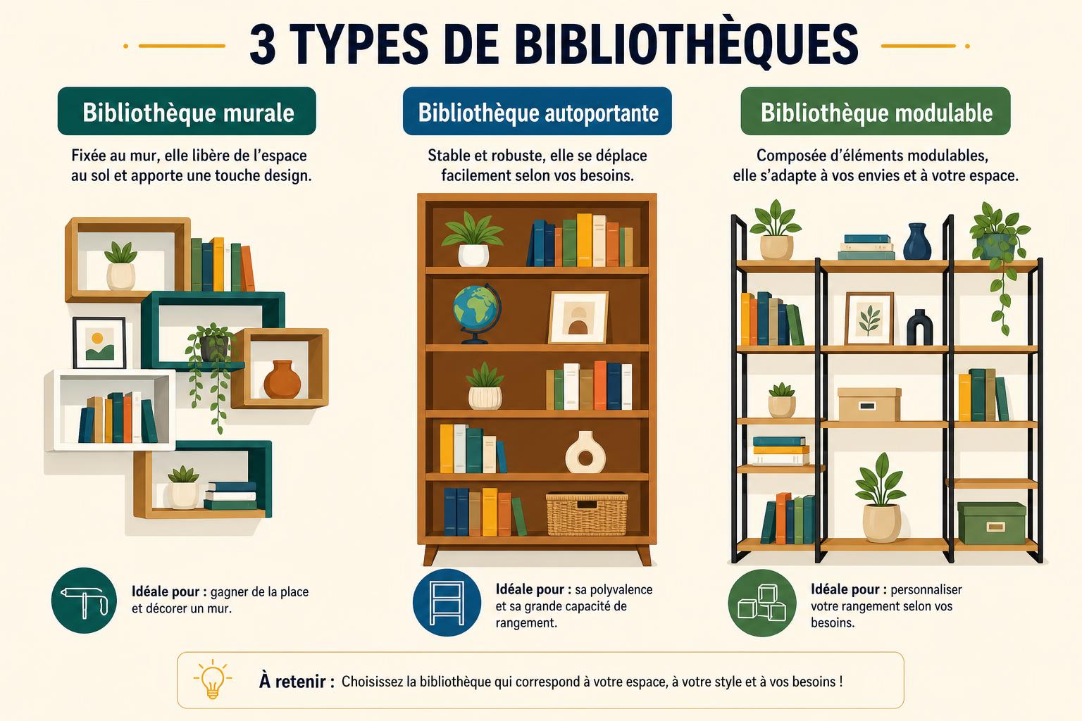 Trois types de bibliothèques: murale, autoportante et modulable, avec étagères et plantes décoratives. comment choisir une bibliothèque intégré naturellement.