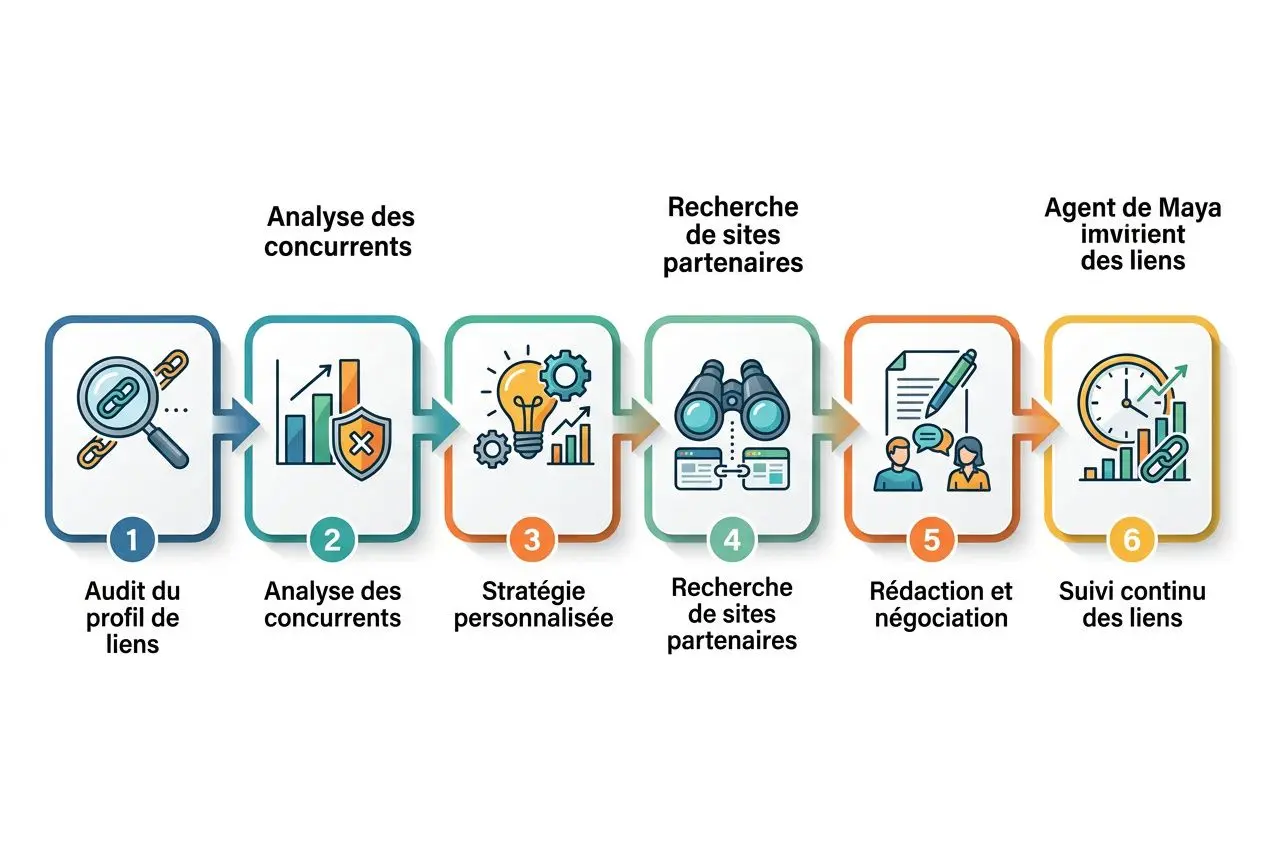 Processus illustrant une campagne netlinking guidée par Maya, de l’audit des profils de liens à la continuité des backlinks.