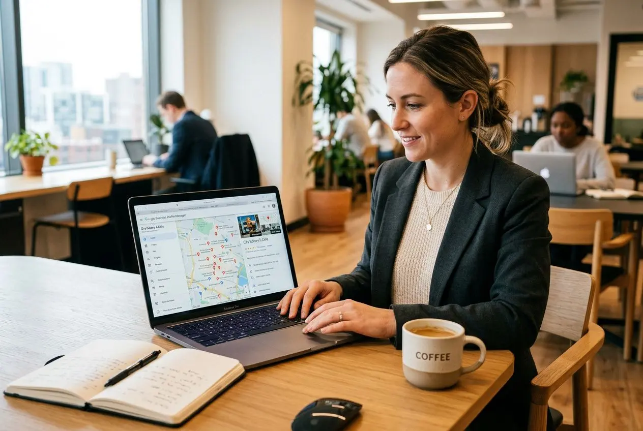 Professionnelle au café travaillant sur un ordinateur portable affichant une carte locale, avec carnet et mug café. Obtimiser son seo local.