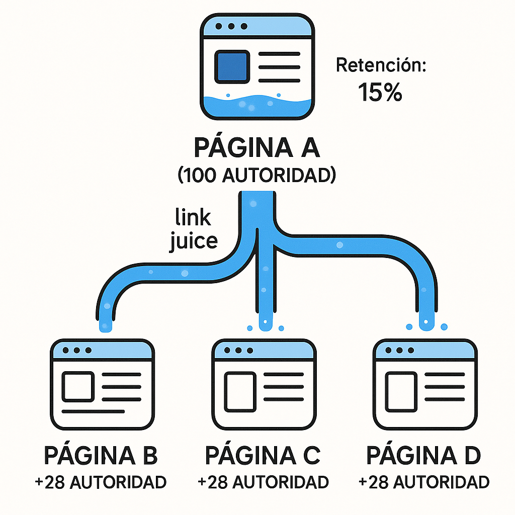 Esquema que muestra cómo fluye el link juice desde una página principal con 100 puntos de autoridad hacia otras tres páginas, ilustrando la distribución y retención del valor SEO.