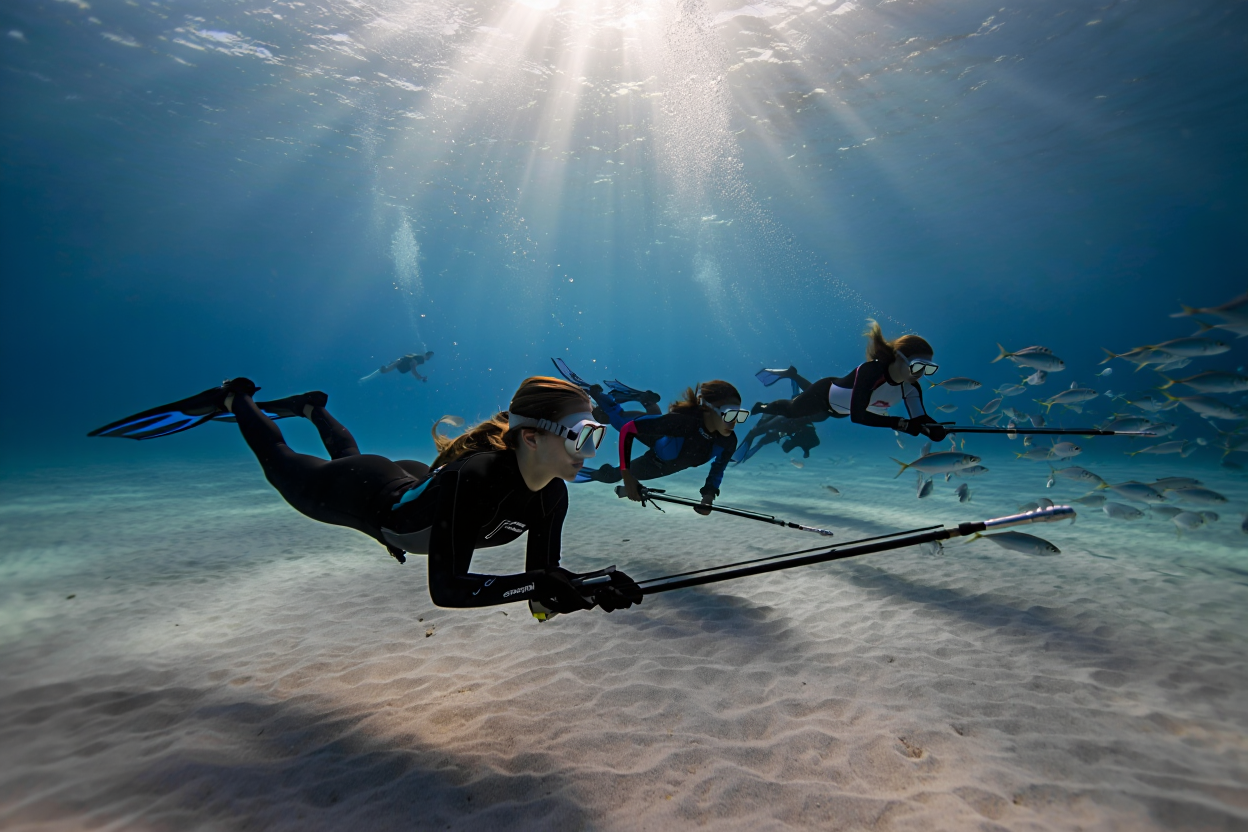 Pescatore subacqueo applica tecnica pesca all'agguato