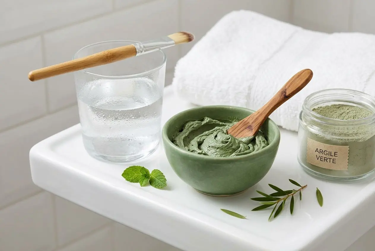 Masque vert apaisant et brosses sur une tablette blanche: argile verte en pot, bol crémeux, eau dans un verre, linge blanc en arrière-plan. quand partent les cicatrices d'acné.