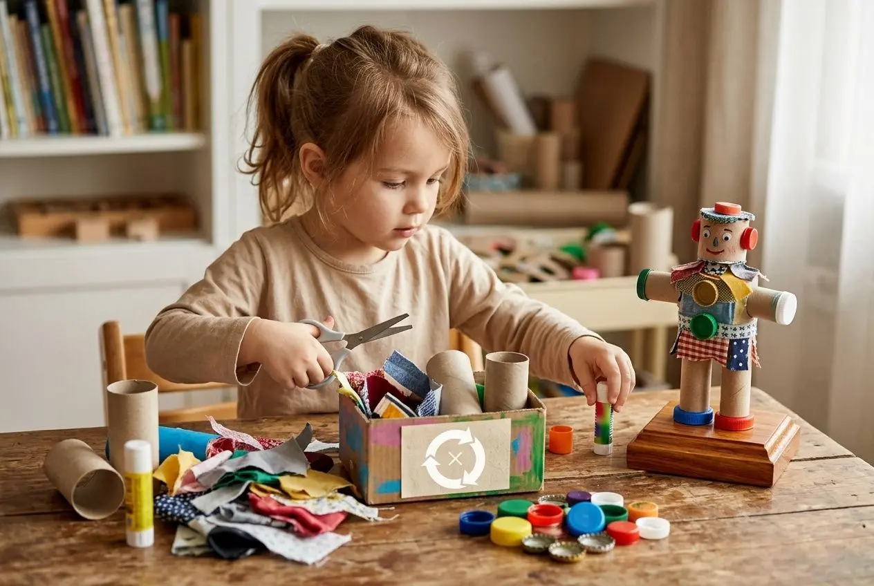 Jeune enfant fabriquant des objets créatifs avec des matériaux recyclés et des boutons, promouvant une alternative aux écrans enfants.