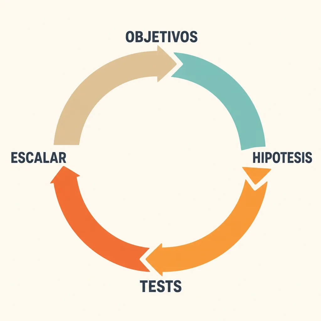 Cycle d'expérimentation en quatre étapes reliées par des flèches : objectifs, hypothèses, tests, passage à l'échelle.