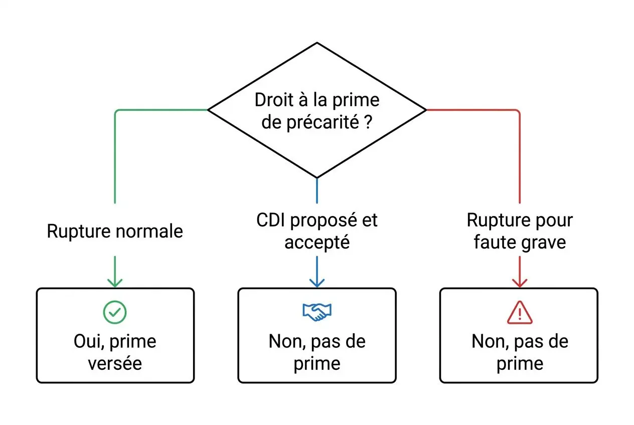 Diagramme sur le droit à la prime de précarité pour un intérimaire, indiquant les cas: rupture normale (prime versée), CDI proposé et accepté (pas de prime), rupture pour faute grave (pas de prime).
