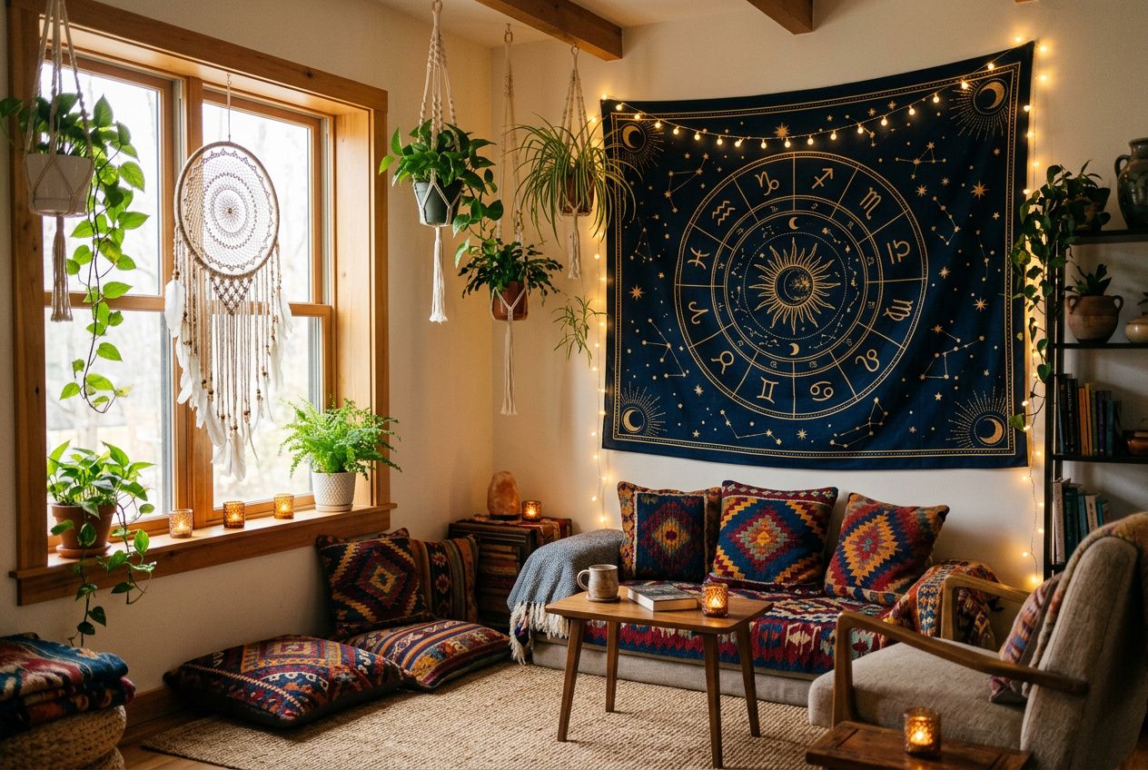 Salon bohème cosy avec tapis et coussins colorés, tenture astrologique et guirlandes lumineuses favorisant une déco bohème éveil spirituel.