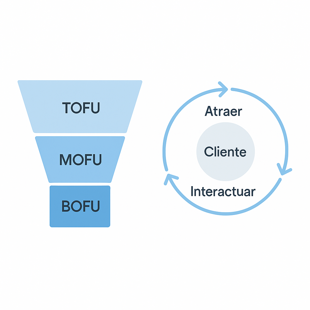 Esquema comparativo del embudo de ventas tradicional (TOFU, MOFU, BOFU) y el modelo flywheel del inbound marketing, que muestra el ciclo de atraer, interactuar y deleitar con el cliente en el centro.