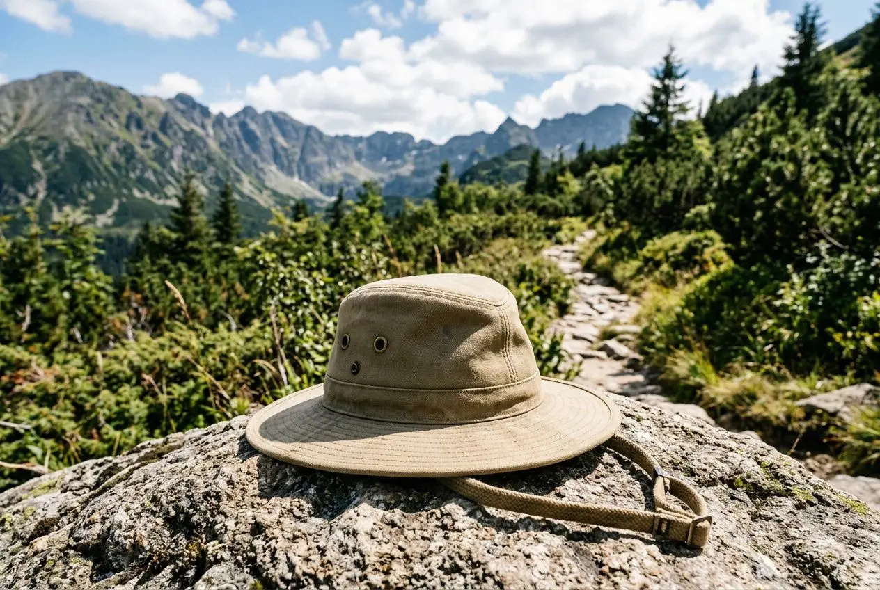 Chapeau outdoor kaki posé sur une roche en montagne, chemin et varicelles verdoyants au fond, ciel bleu et nuages.