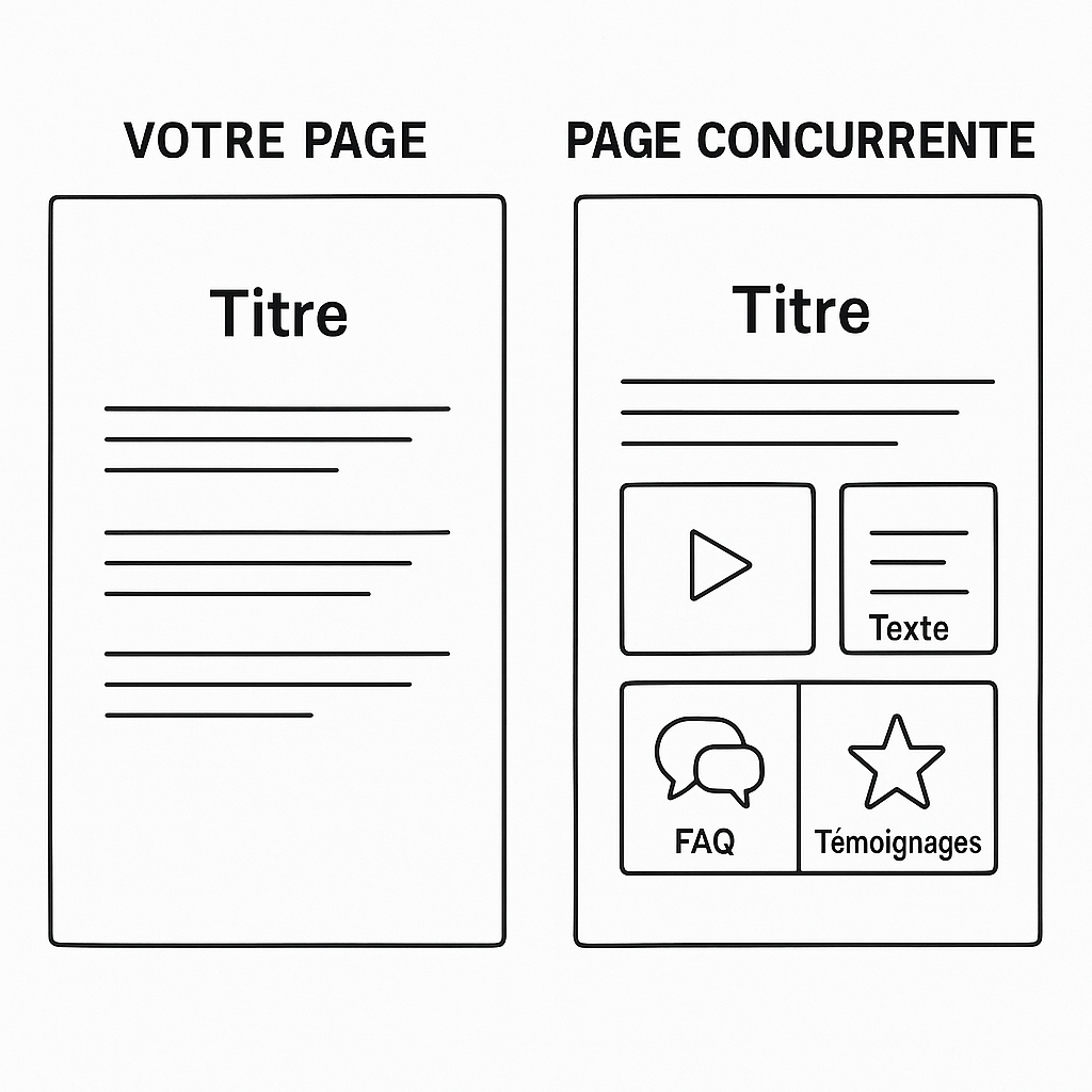 Comparaison visuelle entre une page de contenu simple et une page concurrente enrichie avec des éléments comme une vidéo, une FAQ et des avis clients.