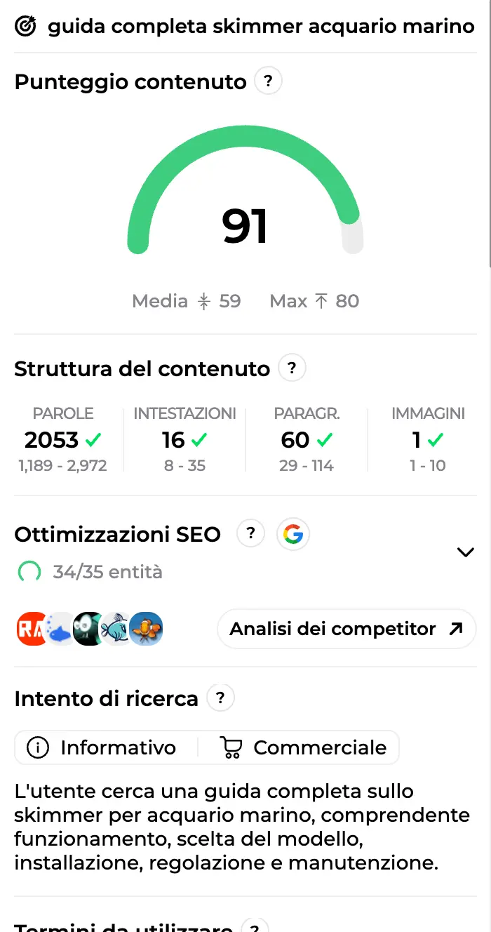 Pannello del punteggio contenuto a 91 con struttura del contenuto, ottimizzazioni SEO e intento di ricerca rilevato