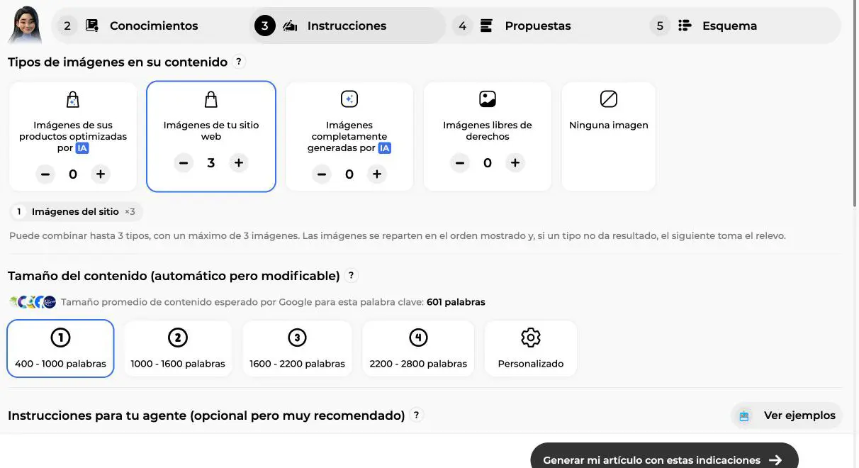 Paso Instrucciones con las tarjetas de tipos de imágenes y los tramos de tamaño del contenido recomendados por Alya