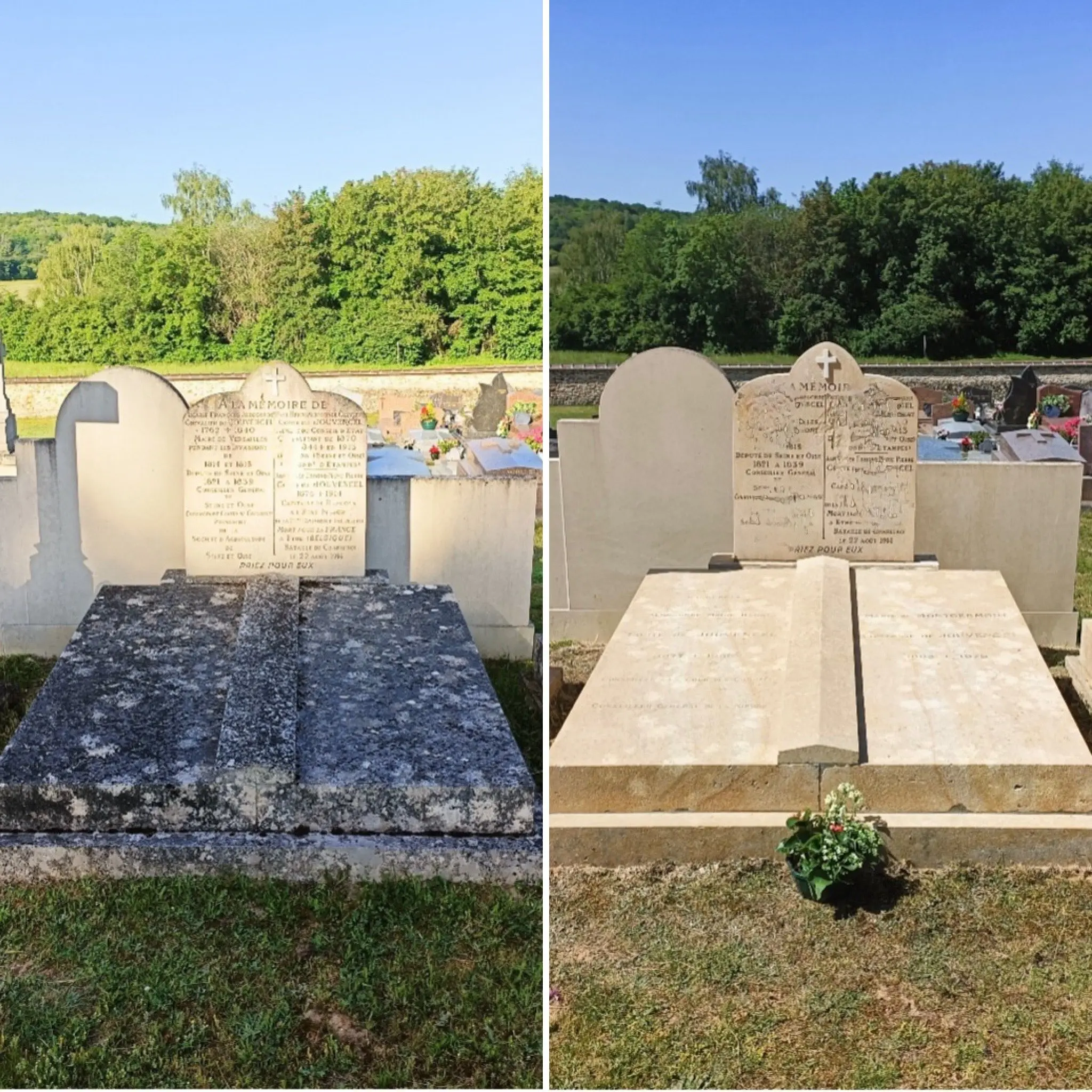 Deux pierres tombales avant/après nettoyage: tombes rectangulaires avec sur-tête pierre gravée, entourées de gazon et Deux pierres tombales avant/après nettoyage: tombes rectangulaires avec sur-tête pierre gravée, entourées de gazon et