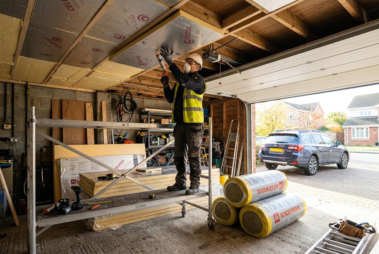 Ouvrier en chantier dans un garage, posant des panneaux d’isolation au plafond, rouleaux d’isolant à droite, matériel et échelle autour. Isolement garage prix évoqué.