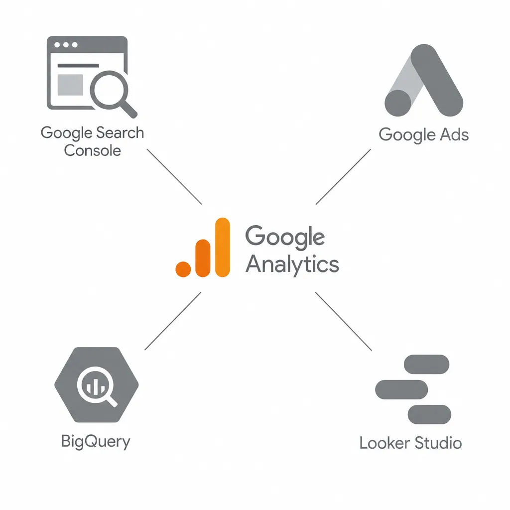 Diagram of the Google Analytics 4 ecosystem, connected to other Google tools: Search Console, Google Ads, Looker Studio and BigQuery.
