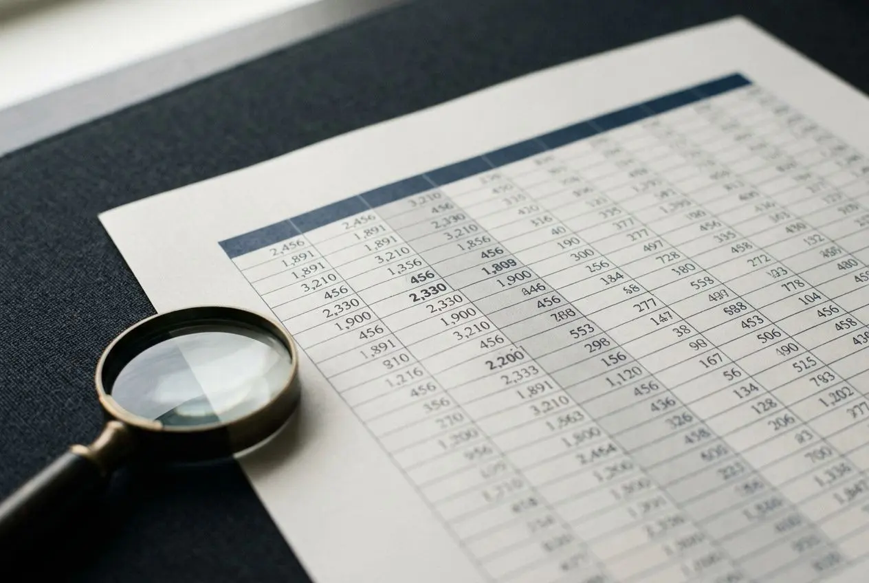 Gros plan sur une feuille de chiffres avec une loupe, suggérant une enquête fraude interne entreprise et une analyse minutieuse des données.