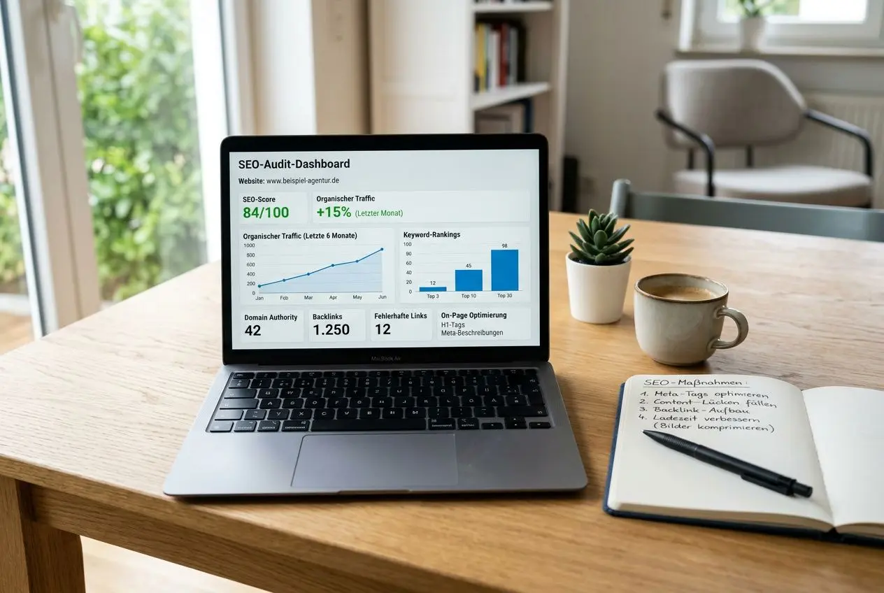 Laptop auf Tisch zeigt SEO-Audit-Dashboard mit Diagrammen, Zahlen und Rankings; daneben Notizbuch, Kaffeetasse und Pflanze. SEO audit kosten preise integriert.