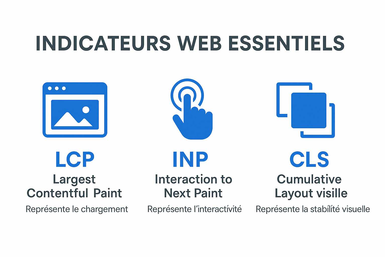 Infographie des Core Web Vitals : LCP (chargement), INP (interactivité) et CLS (stabilité visuelle).