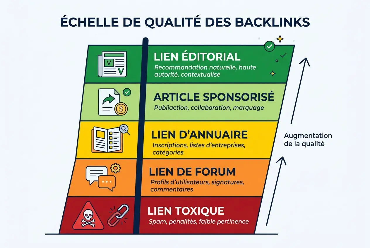 Échelle de qualité des backlinks montrant les niveaux: lien éditorial, article sponsorisé, lien d’annuaire, lien de forum et lien toxique, avec une flèche indiquant l’augmentation de qualité. Campagne netlinking intégrée.