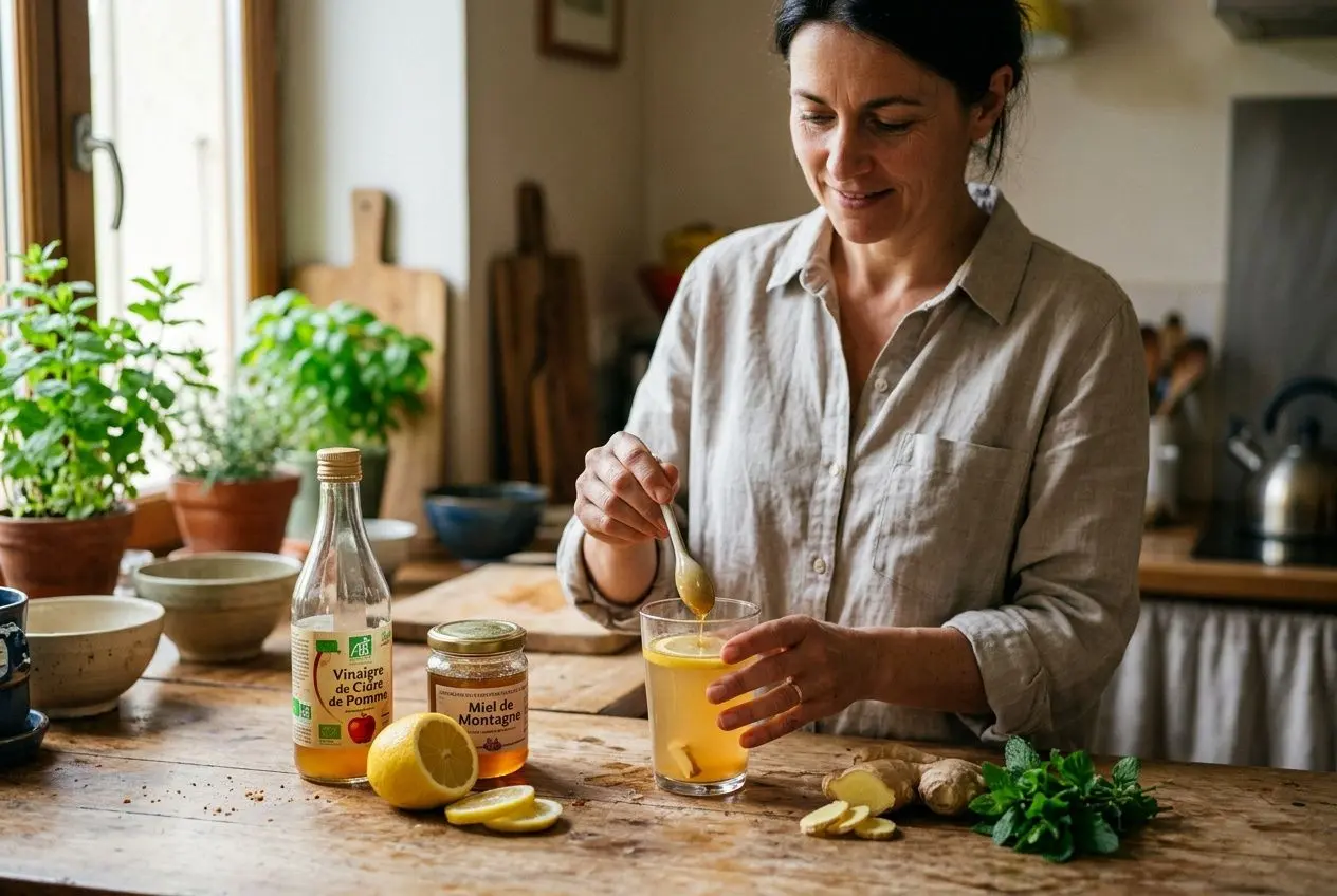 Femme préparant une boisson maison dans une cuisine, avec du citron, du gingembre et du vinaigre de cidre sur le plan de travail; incite à un remède naturel contre les remontées acides.