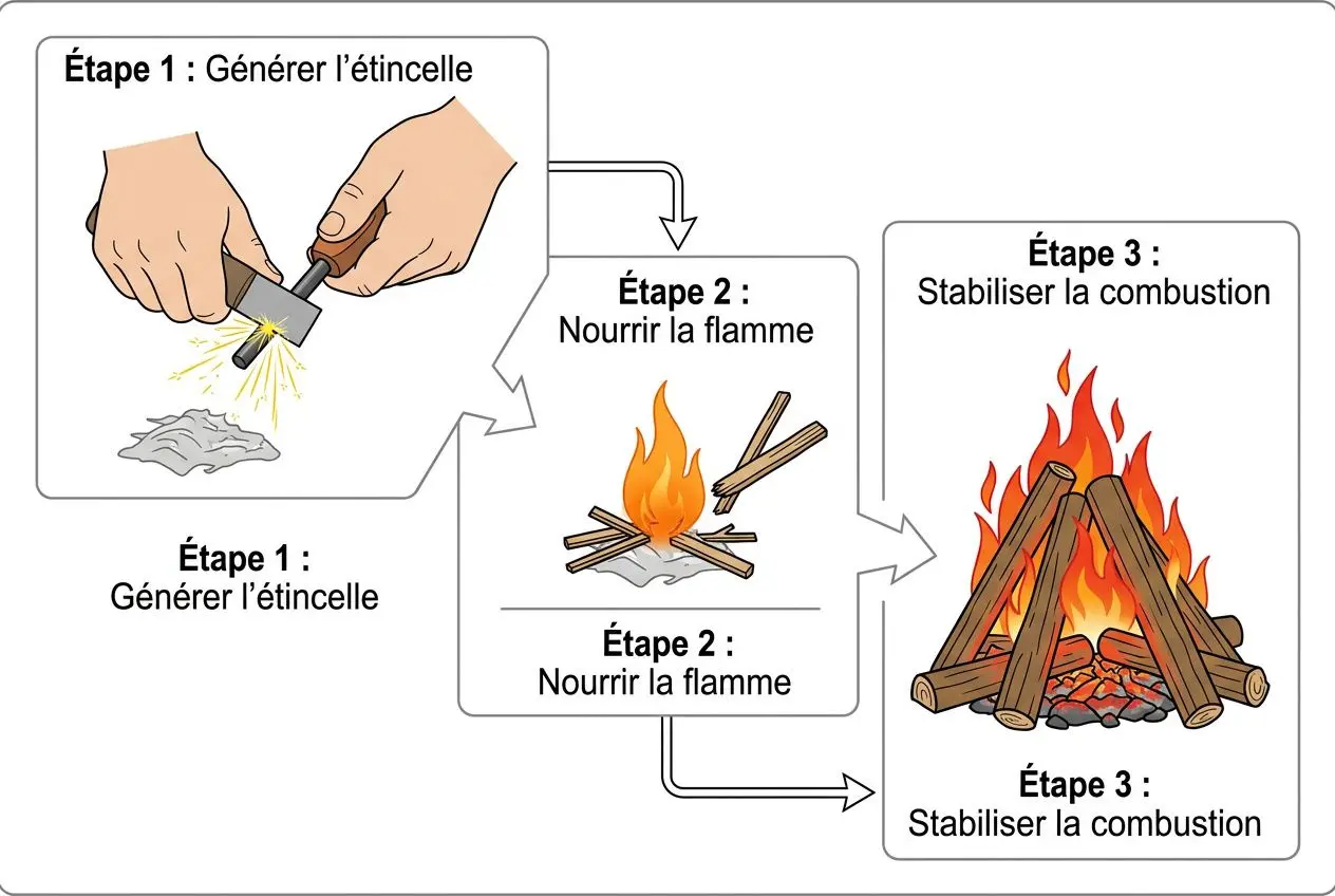 Comment faire un feu en bivouac : étape par étape pour générer l’étincelle et nourrir la flamme puis stabiliser la combustion.