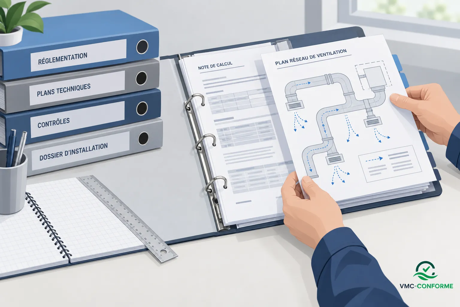Attestation conformité vmc réglementaire : plan de ventilation et documents d’installation dans un dossier, rangés avec des classeurs.