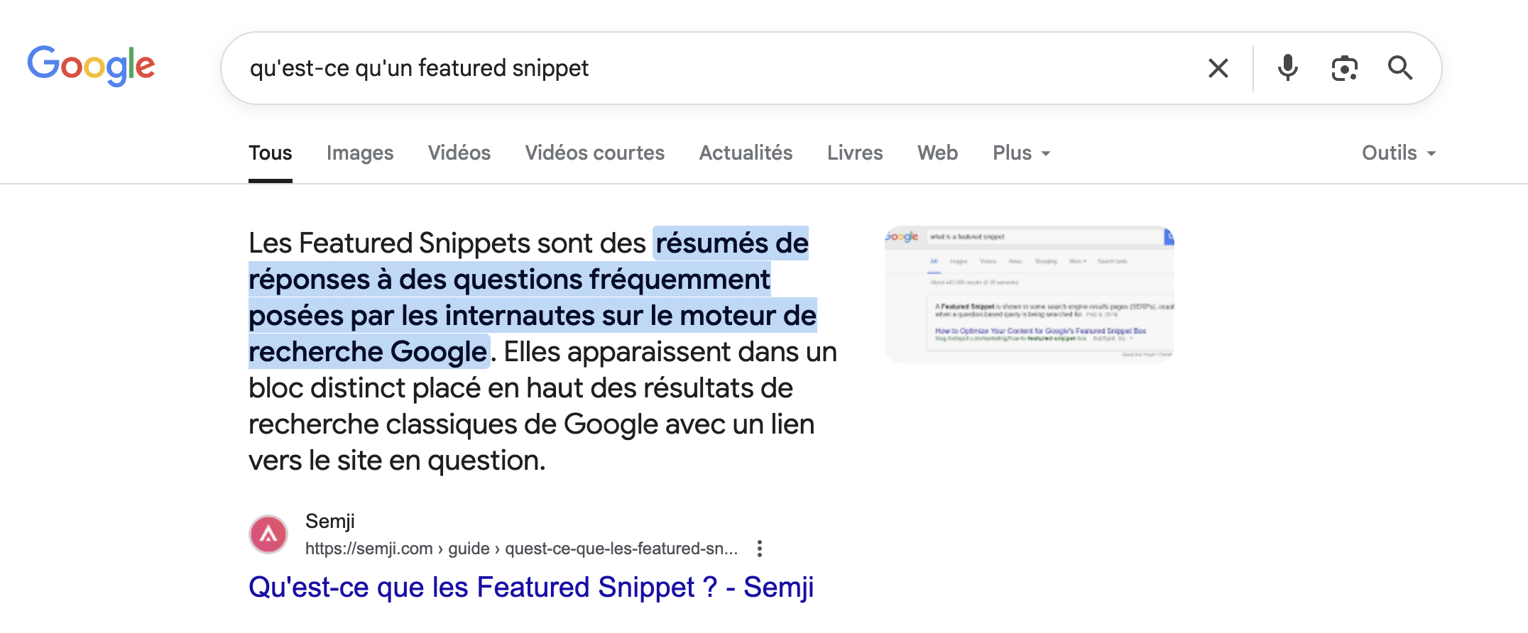 Exemple de featured snippet de type texte