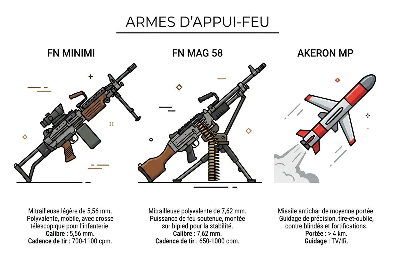 Armement des militaires français : illustration présentant le FN Minimi, le FN MAG 58 et l’AKERON MP, leurs caractéristiques et usages.