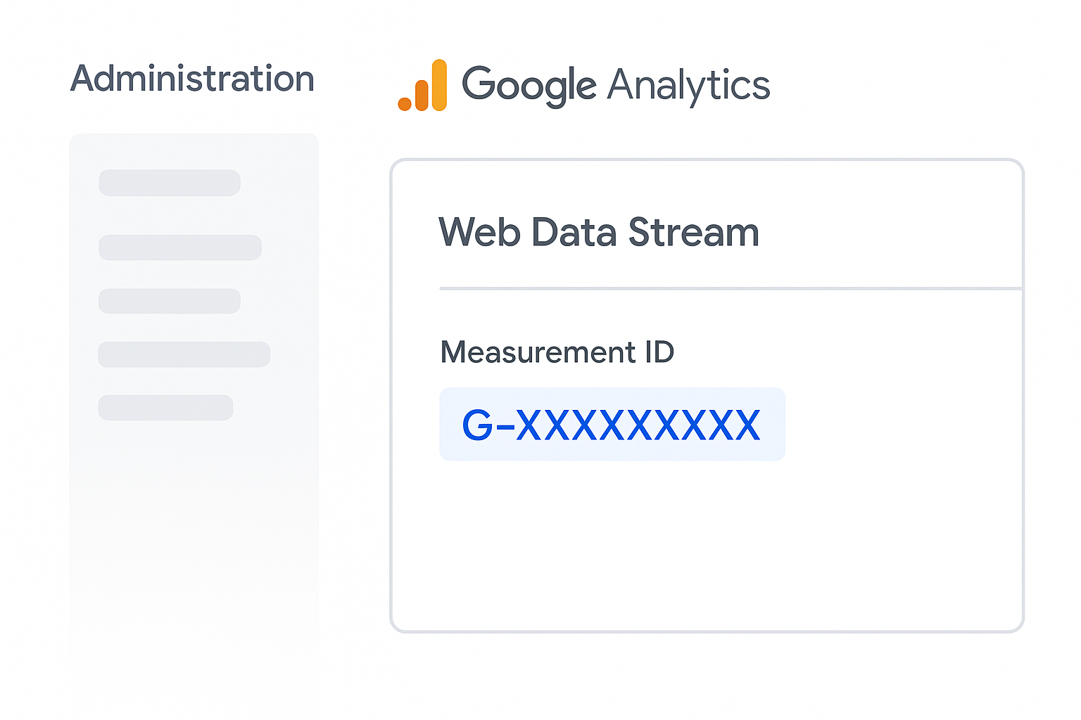 Illustration de l'interface de Google Analytics 4 montrant où trouver l'Identifiant de mesure (G-XXXXXXXXXX) dans les détails du flux de données web.