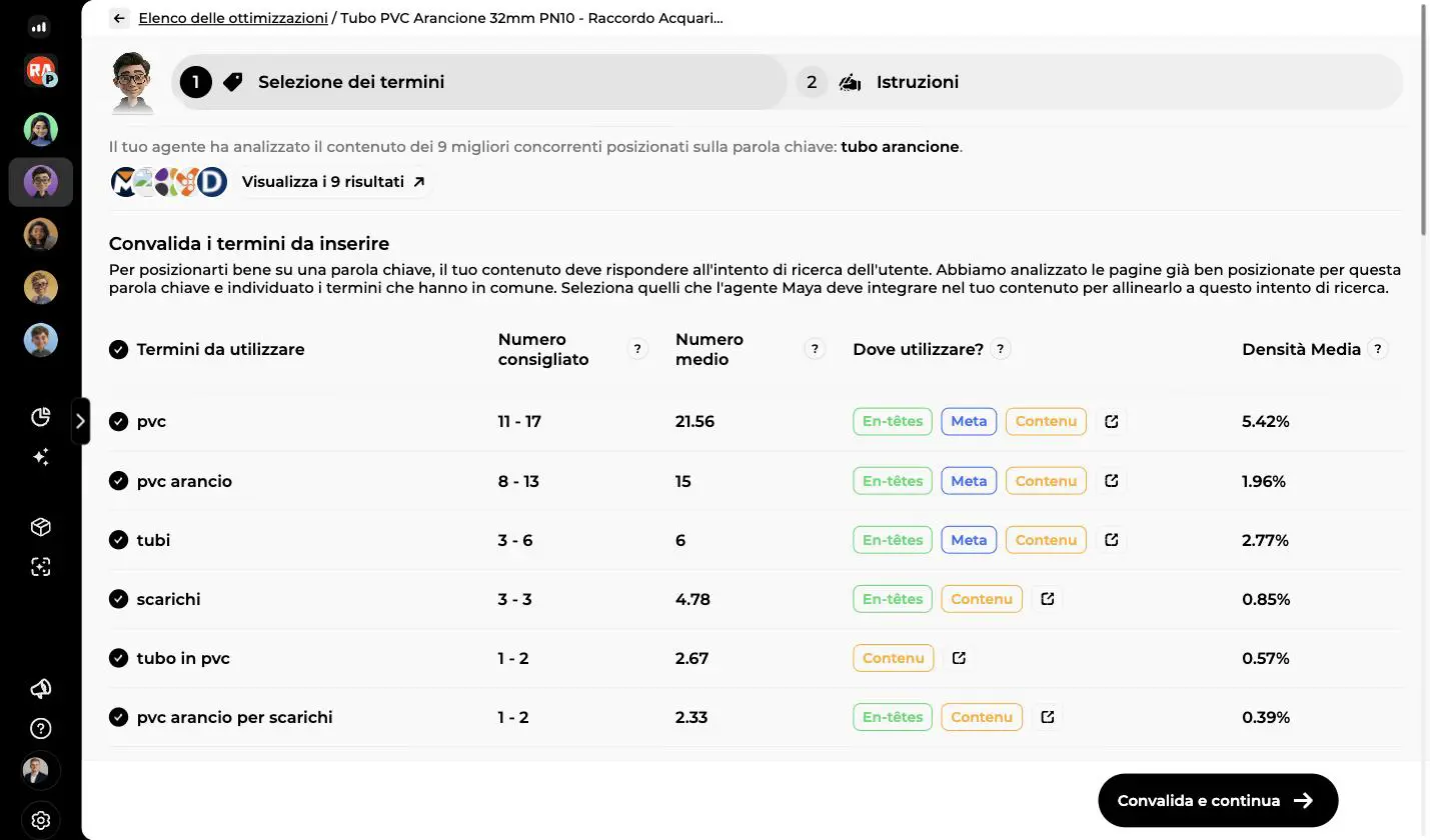 Tappa Selezione dei termini: tabella dei termini semantici con numero consigliato, numero medio, posizioni d'uso e densità media