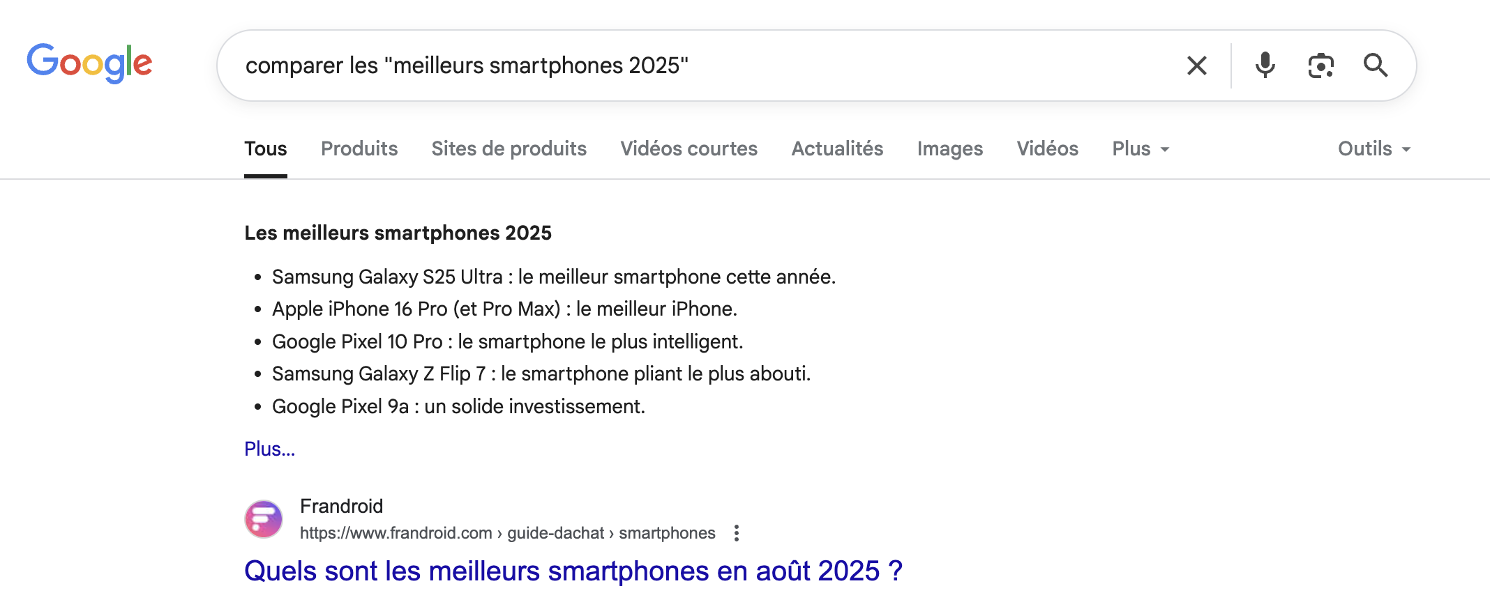 Exemple de featured snippet de type liste