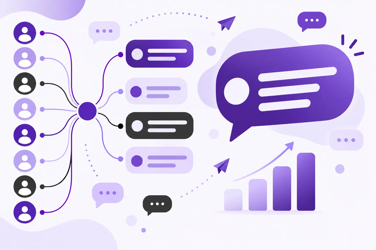 Illustration abstraite montrant des bulles de discussion et des icônes de messages reliées entre elles par des fils violets