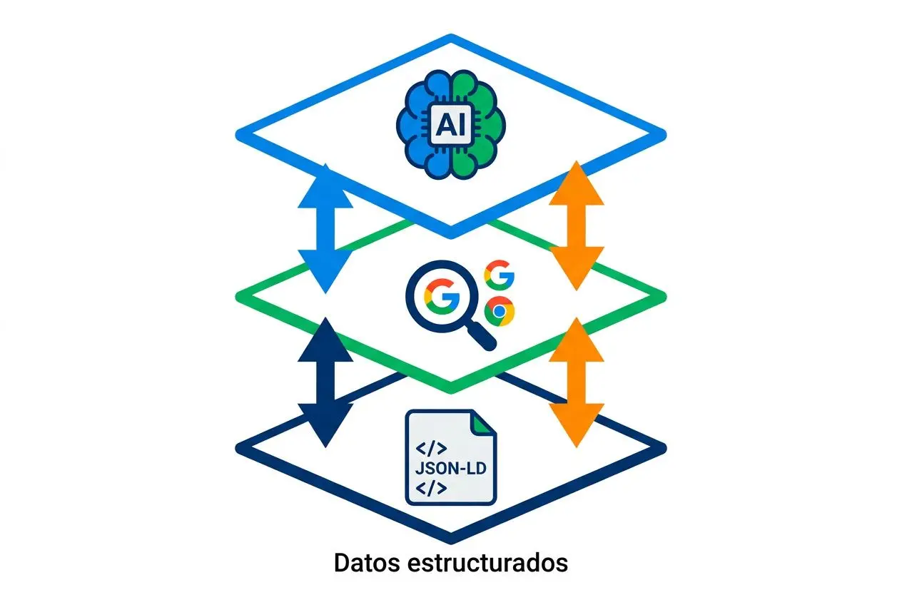 Flujo de datos estructurados hacia IA y AI Overviews