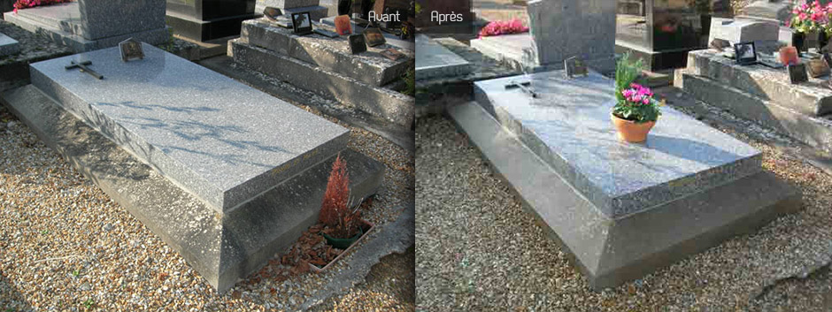 Deux vues côte à côte montrent une tombe en ciment avant et après son nettoyage.
