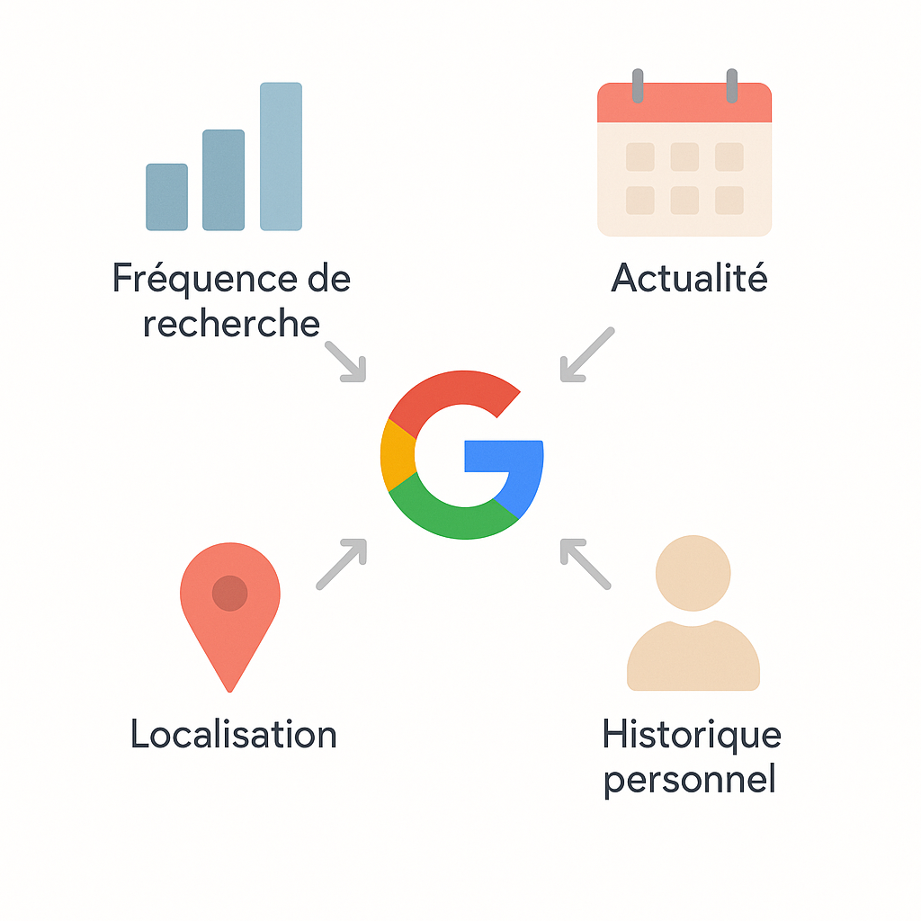 Schéma expliquant le fonctionnement de Google Suggest avec ses 4 facteurs principaux : fréquence de recherche, actualité, localisation et historique.