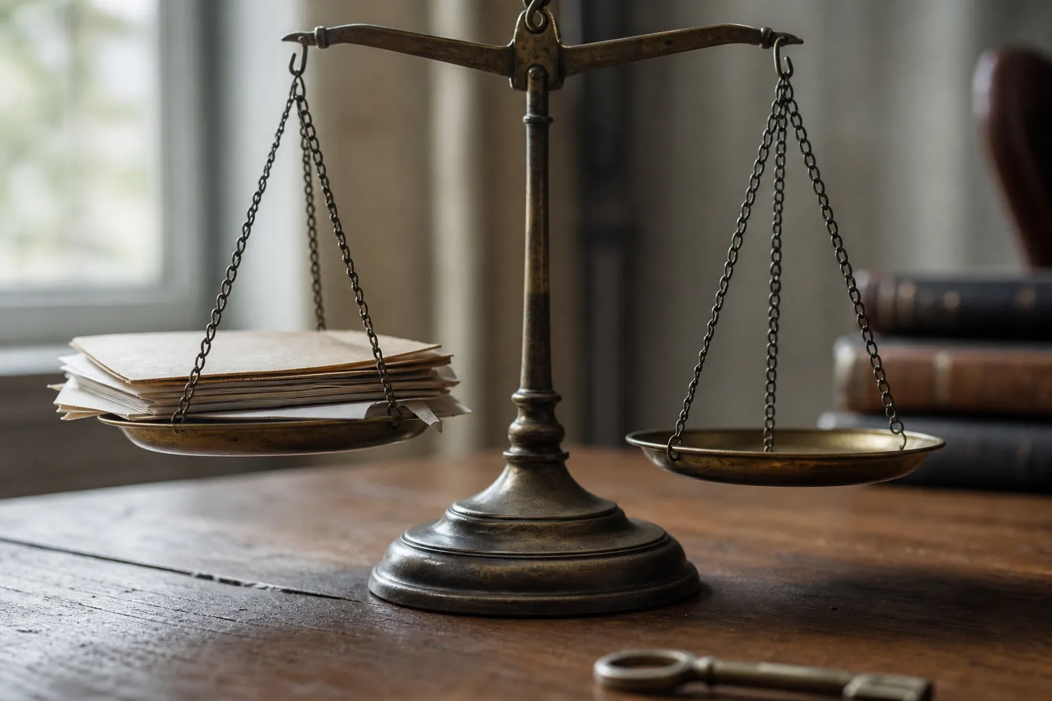 Balance de justice avec piles de documents et clé, symbolisant le droit de la preuve et droit à la preuve.