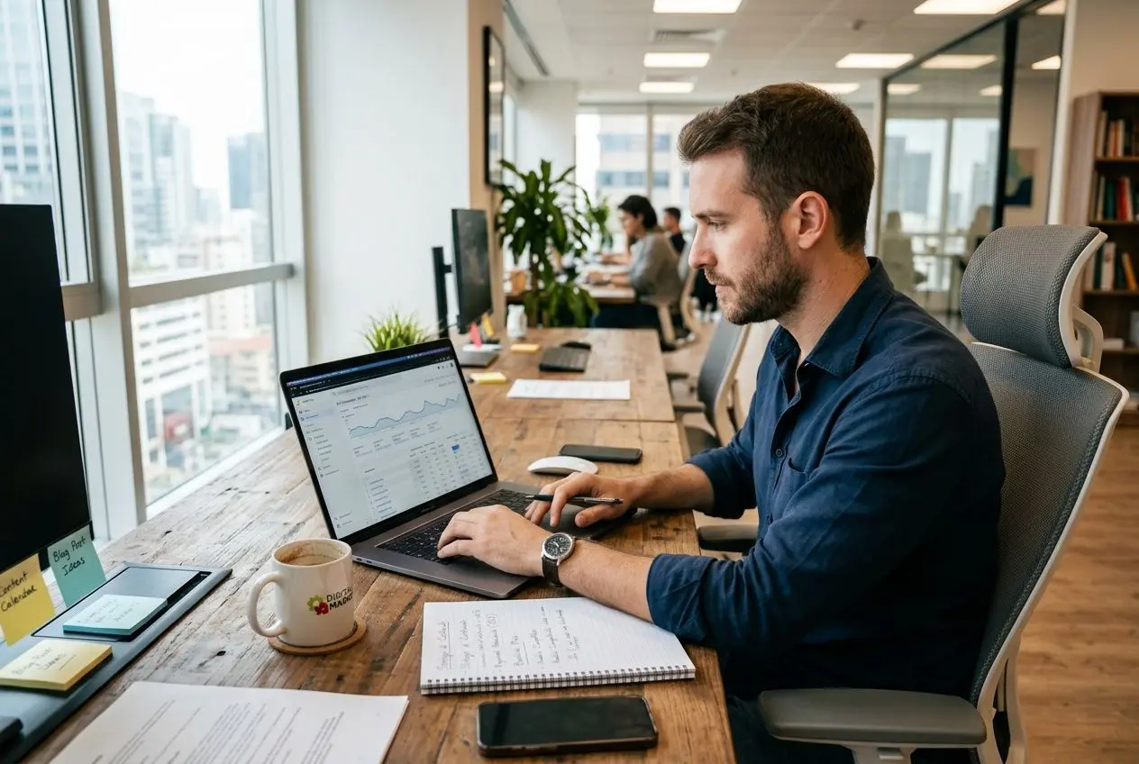 Uomo in ufficio al PC portatile, seduto al tavolo con notebook e caffè, atmosfera di lavoro e scrivania ordinata.