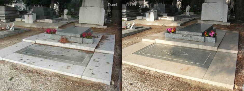 Deux monuments funéraires nettoyés montrant une amélioration de la pierre après le traitement.