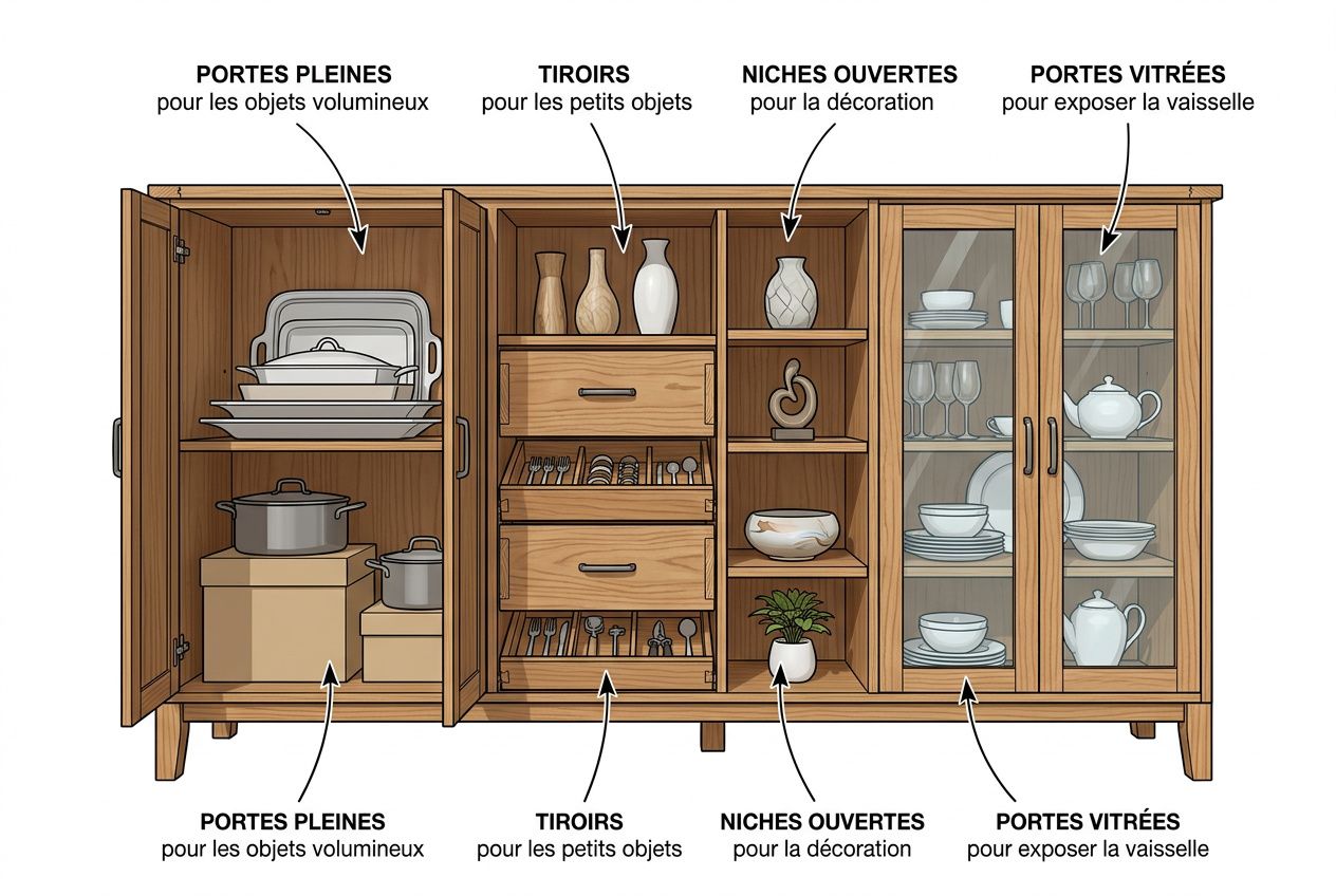 Buffet de salon en bois avec portes brillantes et étagères ouvertes, montrant rangements, vaisselle, Bibelots et plantes.