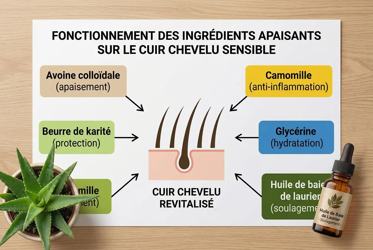 Diagramme explicatif sur le cuir chevelu sensible et les ingrédients apaisants, montrant aloe vera collaïdale, camomille, beurre de karité, glycérine, huile de baie de laurier et huile essentielle, pour revitaliser le cuir chevelu. aloe vera psoriasis cuir chevelu est mentionné comme solution.