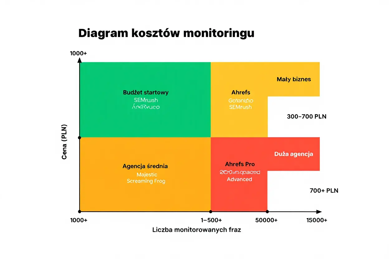 Diagram kosztów monitoringu: wykres blokowy pokazujący różne progi cen i liczby monitorowanych fraz dla agencji.