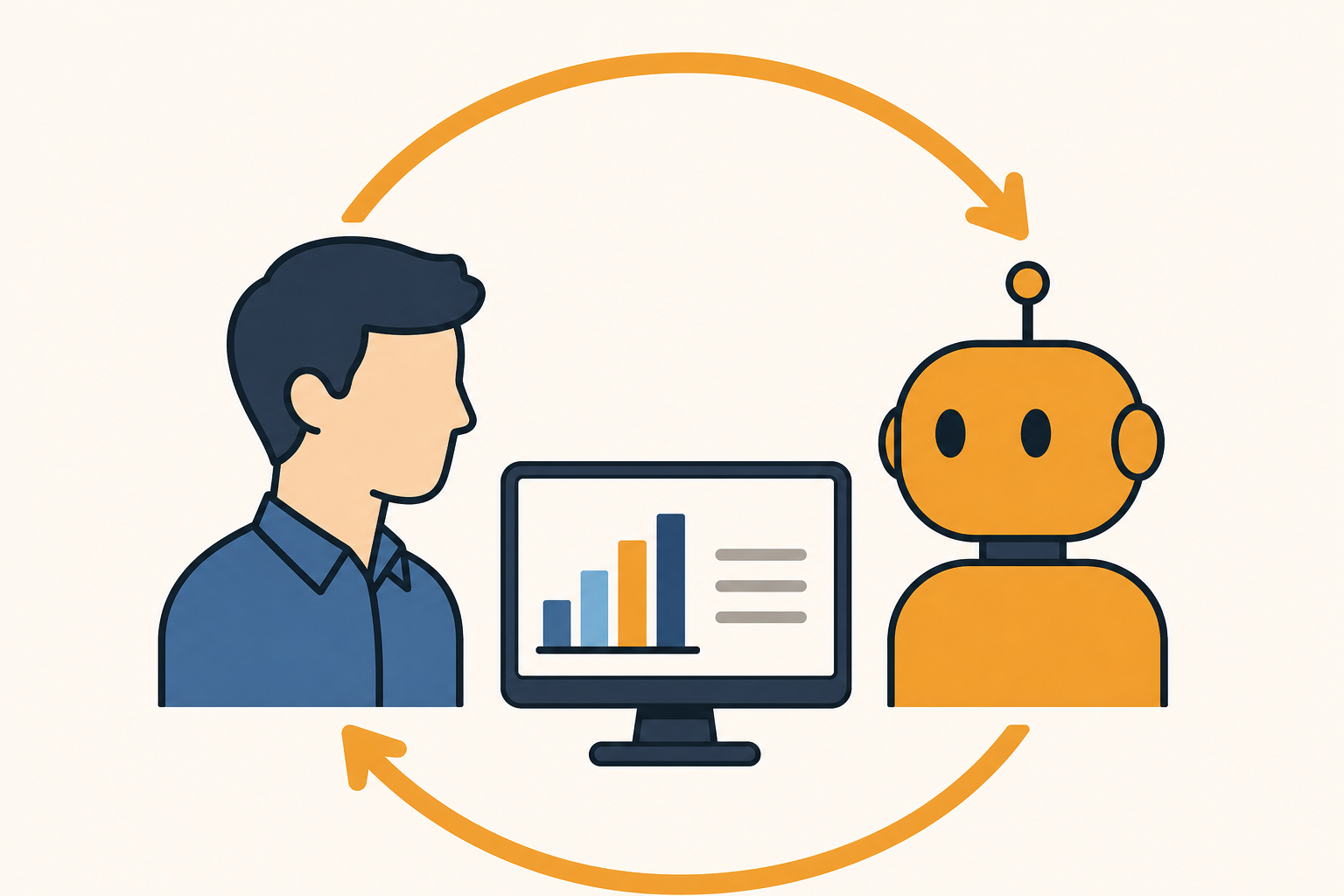 Due elementi affiancati collegati da un anello continuo, per illustrare il ciclo di lavoro tra intelligenza artificiale e redattore umano.
