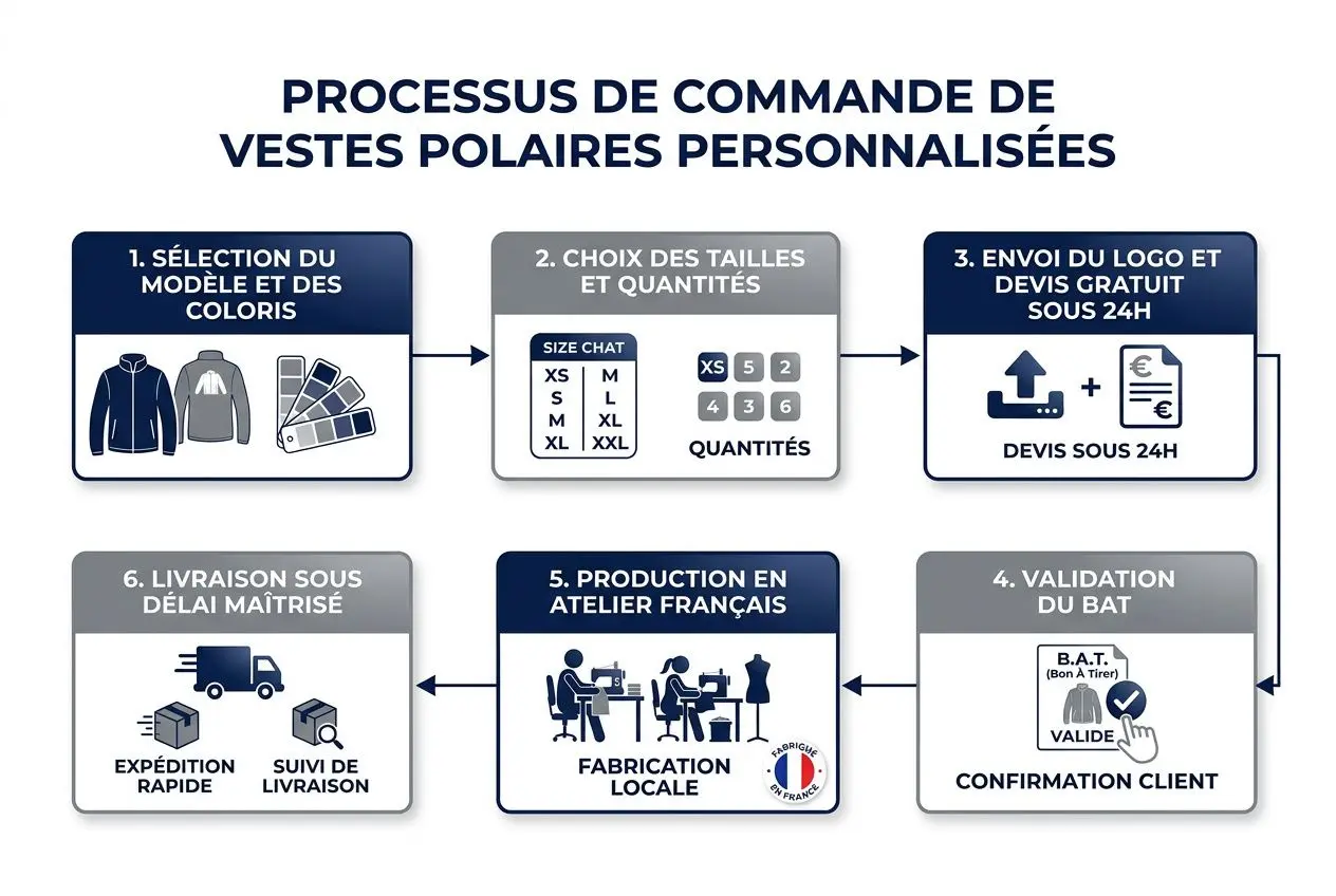 Processus de commande de vestes polaires personnalisées avec choix de tailles et quantités, logo/marquage, et production en atelier français.