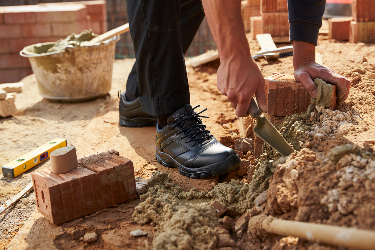 Maçon portant chaussures S3 sur chantier