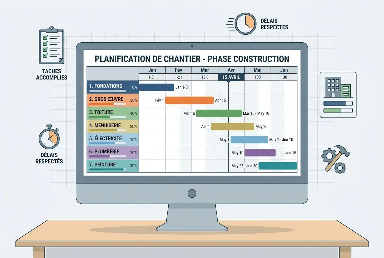 Planification de chantier affichée sur un écran d’ordinateur avec un diagramme Gantt et indicateurs de délais respectés, illustrant le suivi de chantier excel.