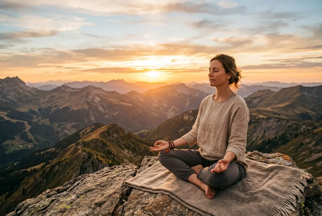 Une femme en méditation au sommet d’une roche, sur une couverture, avec un paysage de montagnes au coucher du soleil; les 4 piliers du développement personnel.