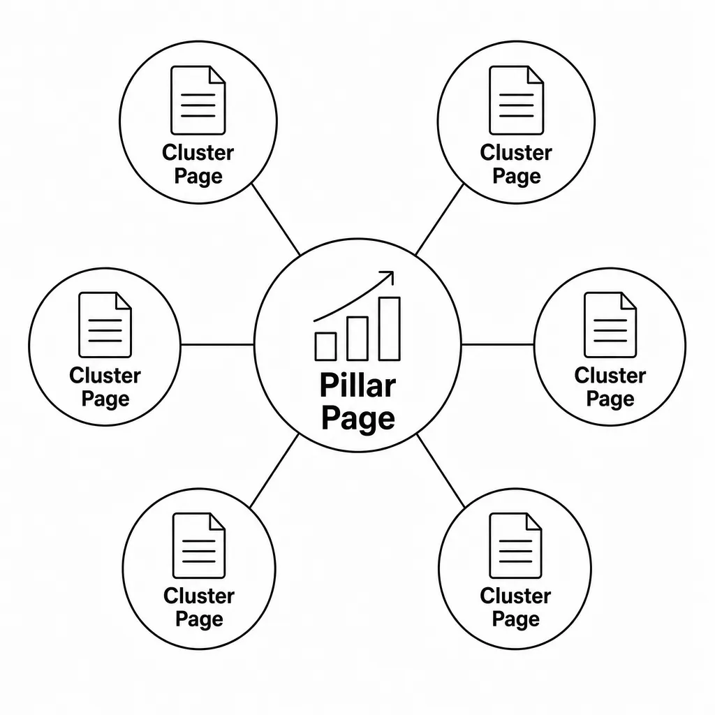 Diagram of an SEO topic cluster architecture: a central authoritative pillar page linked to connected cluster pages that detail the subject.