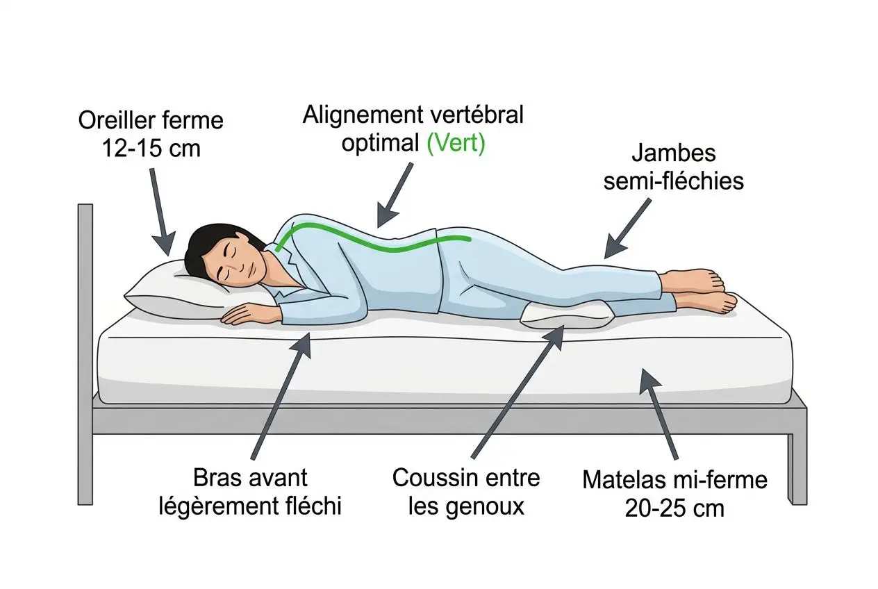 Allongé sur le côté gauche, alignement vertébral optimal avec coussin entre les genoux et matelas mi-ferme pour une meilleure position pour dormir digestion.