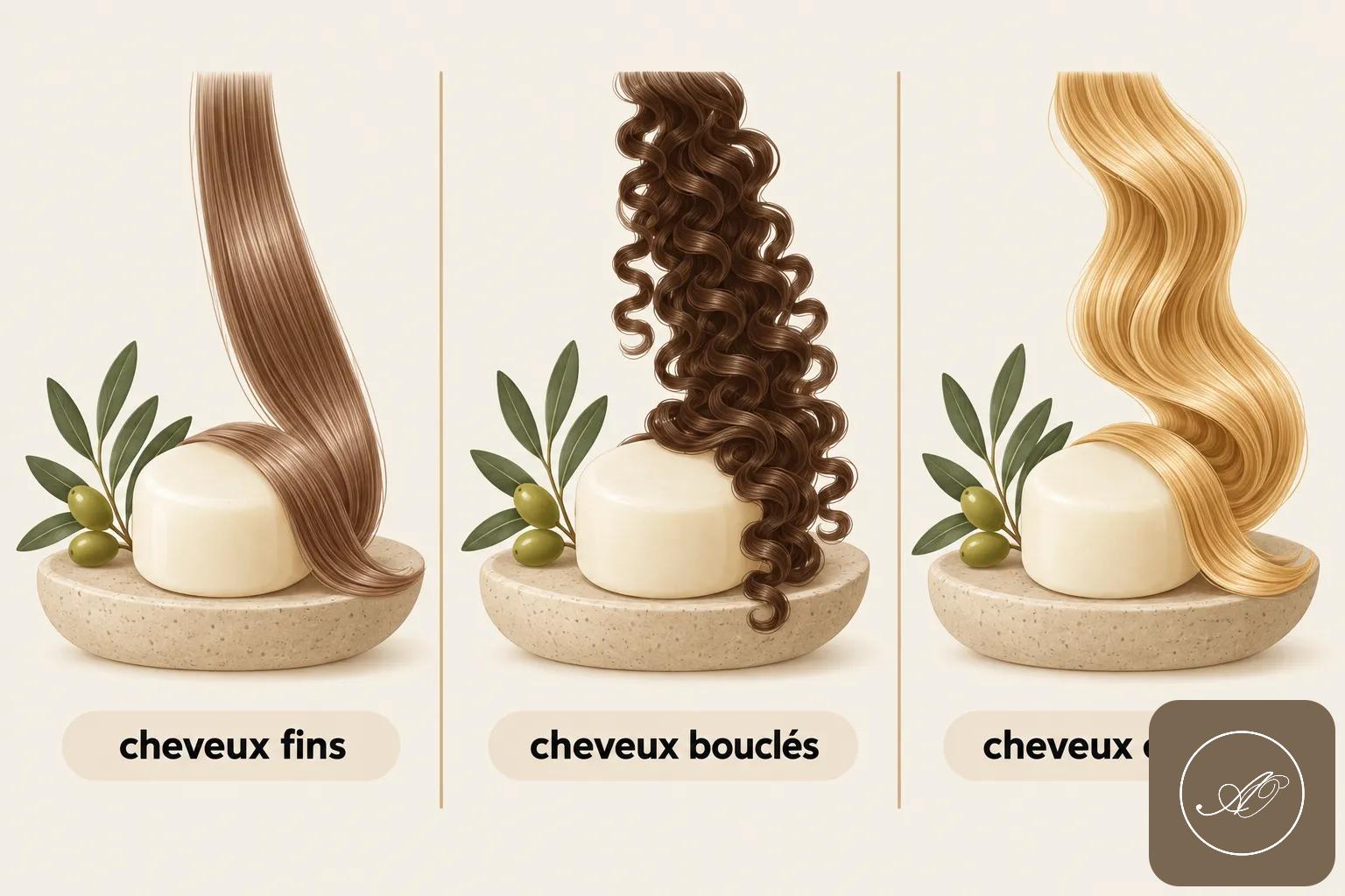 Cheveux fins, cheveux bouclés et cheveux ondulés présentés comme des mèches longues sur des supports circulaires avec des